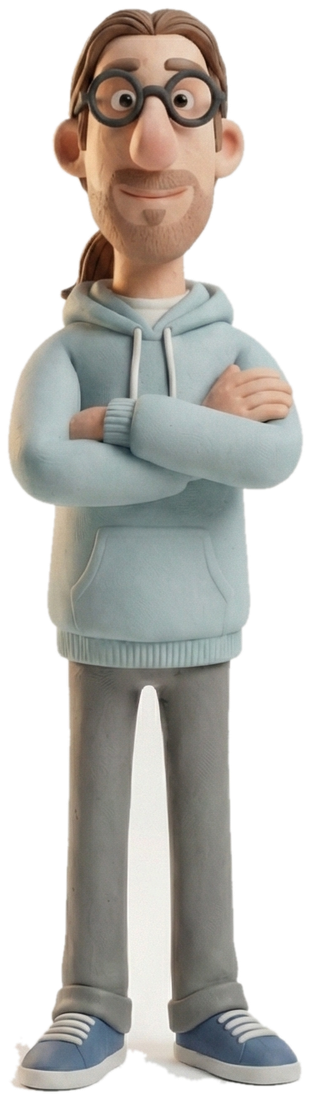 Clay figure of Jochim: round glasses, ponytail, light-blue hoodie