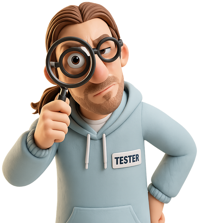 Clay Jochim as The Tester, inspecting through a magnifying glass