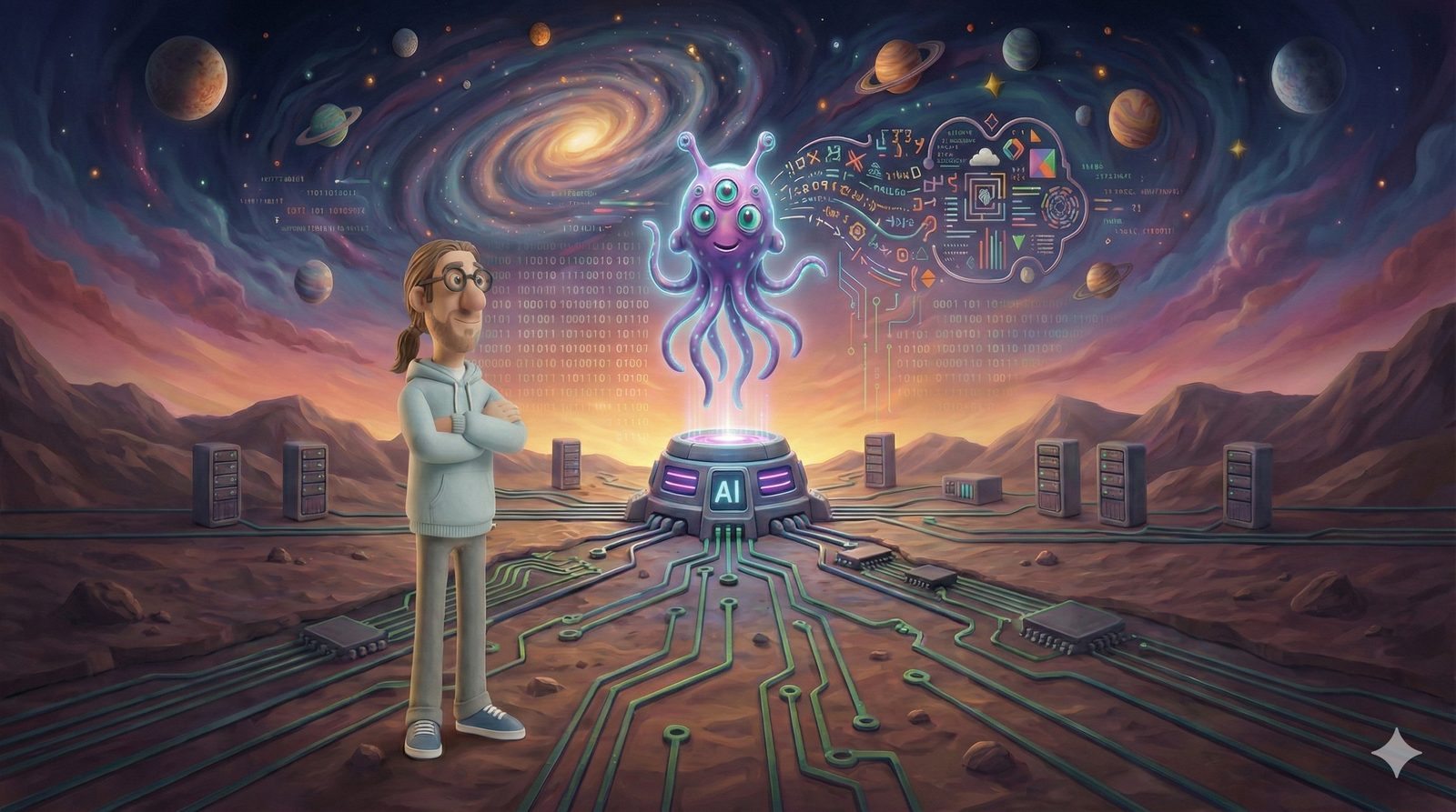 Slide: a friendly alien octopus hovering over an AI pedestal in a cosmic circuit-board desert