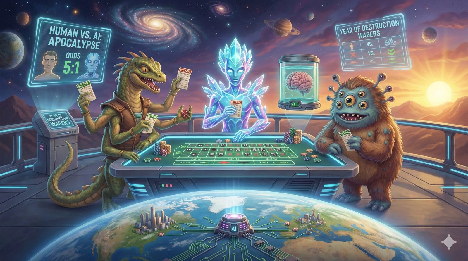 Slide: aliens at a casino table taking bets on humans versus AI