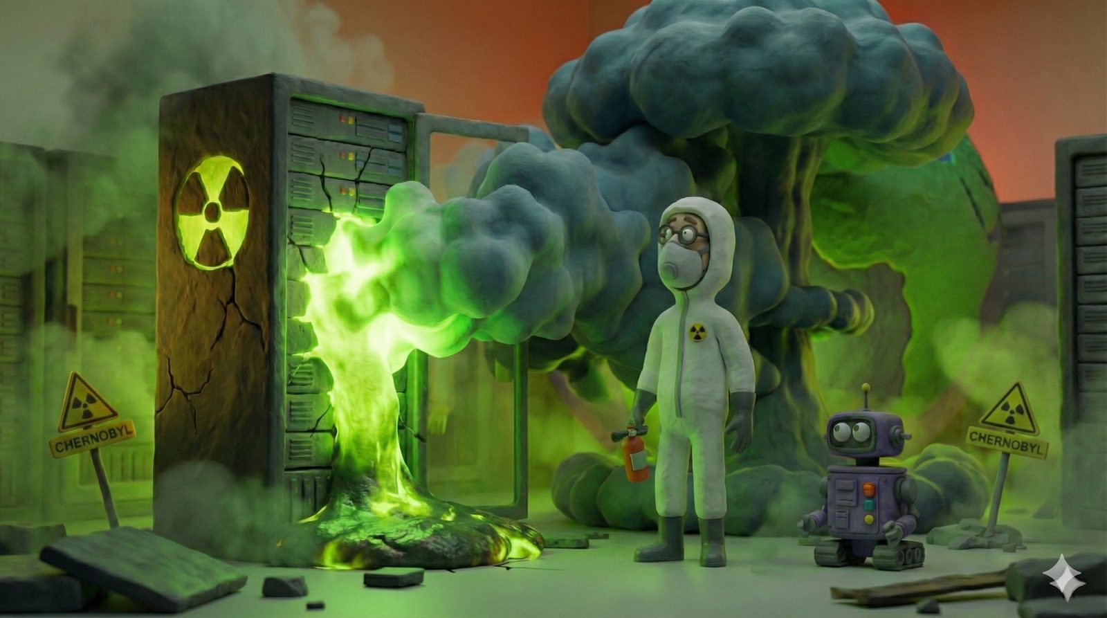 Slide: a clay figure in a hazmat suit before a glowing green server meltdown