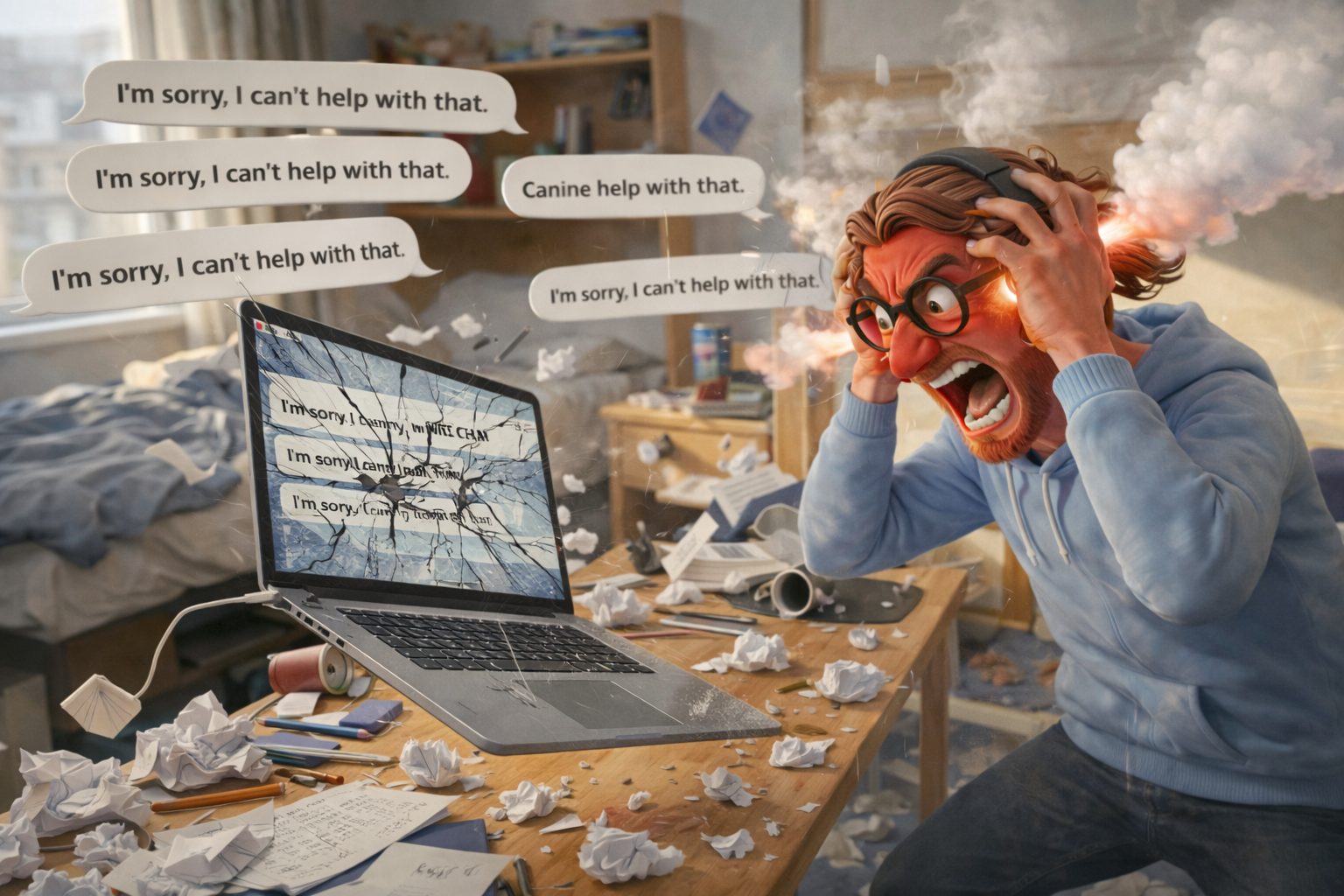 Slide: a furious user surrounded by 'I'm sorry, I can't help with that' bubbles