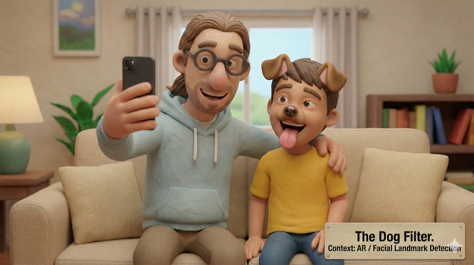 Slide: clay Jochim and his son taking a selfie with a dog-ear face filter