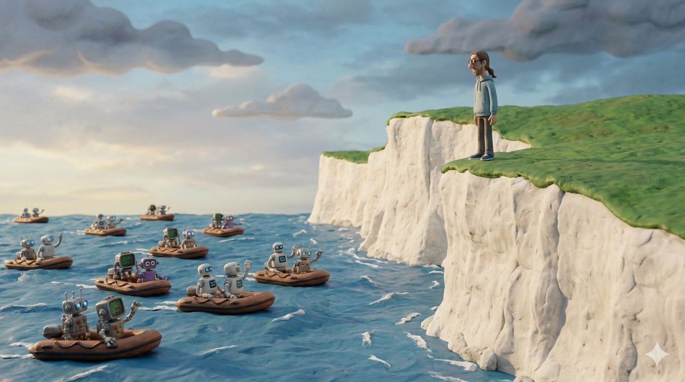 Slide: boats full of robots sailing toward white cliffs while clay Jochim watches