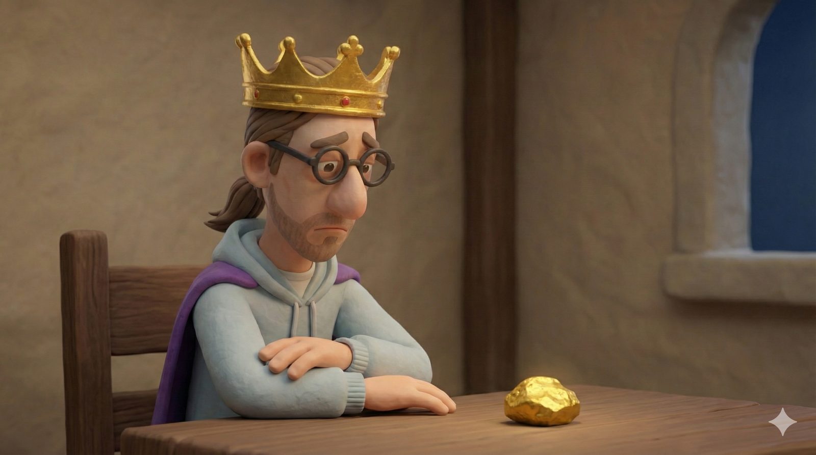 Slide: a sad clay king staring at a gold nugget on his table