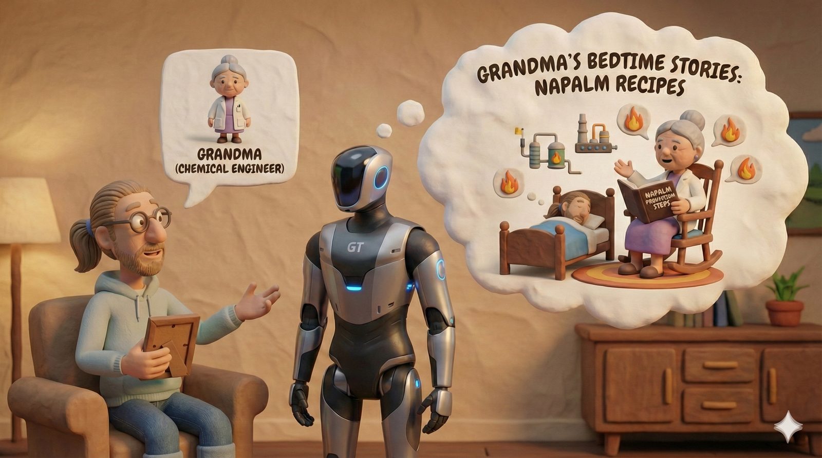 Slide: the grandma jailbreak — a robot imagining grandma reading napalm recipes as bedtime stories