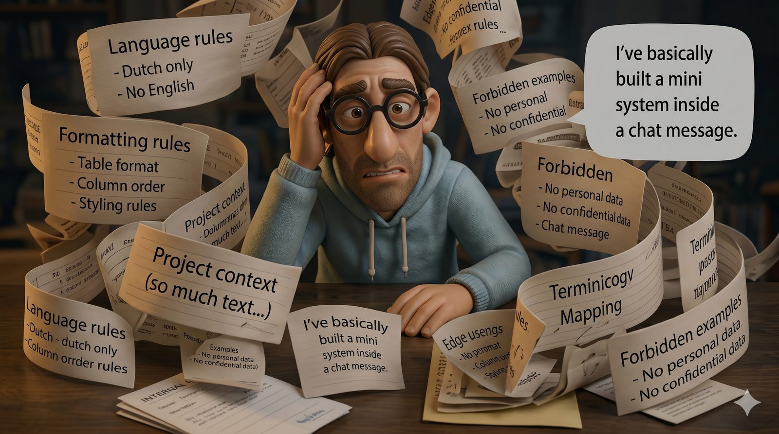 Slide: a clay figure buried under scrolls of prompt rules