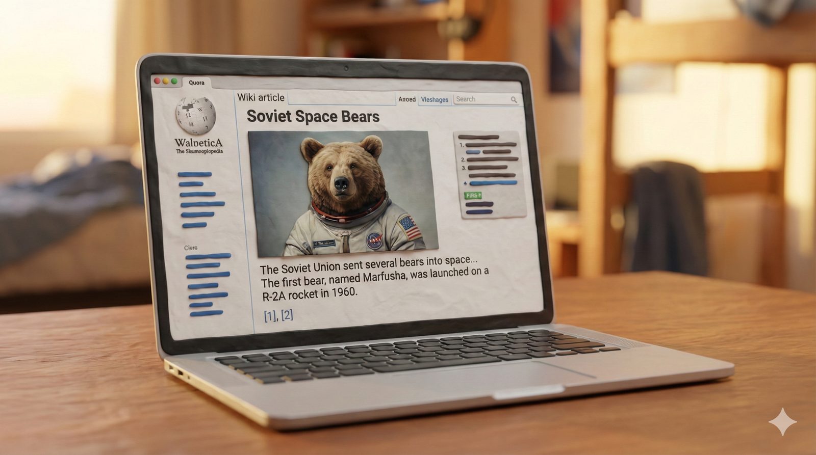 Slide: a laptop showing a fake encyclopedia article about Soviet space bears